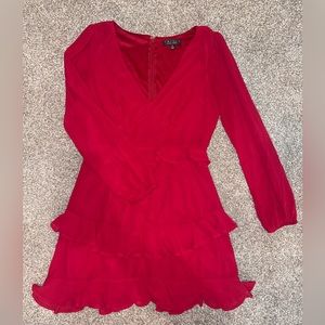Long sleeve mini red dress with ruffled skirt and v-cut top